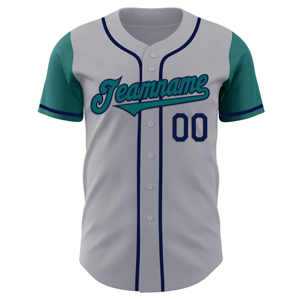 Custom Gray Teal-Navy Authentic Two Tone Baseball Jersey