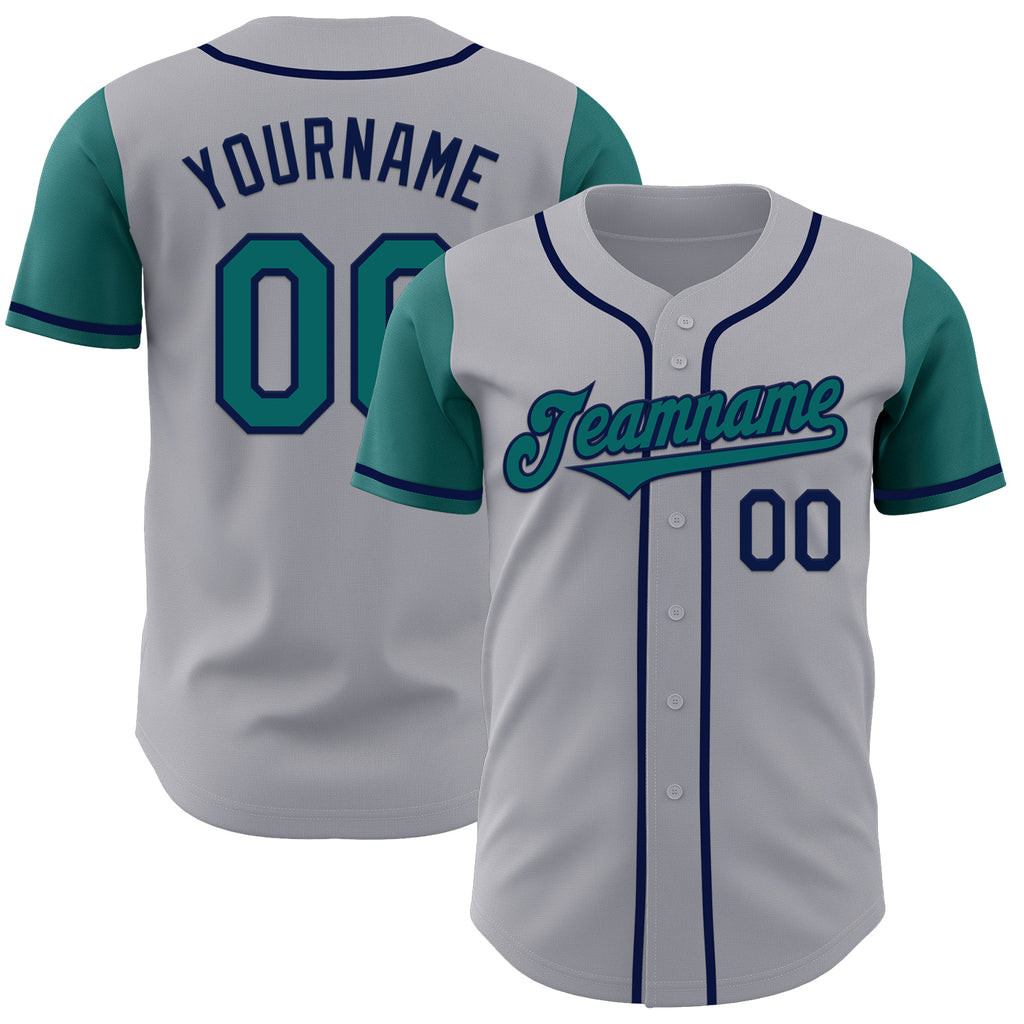 Custom Gray Teal-Navy Authentic Two Tone Baseball Jersey