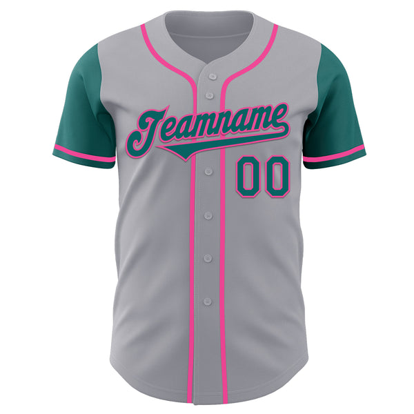 Custom Gray Teal-Pink Authentic Two Tone Baseball Jersey