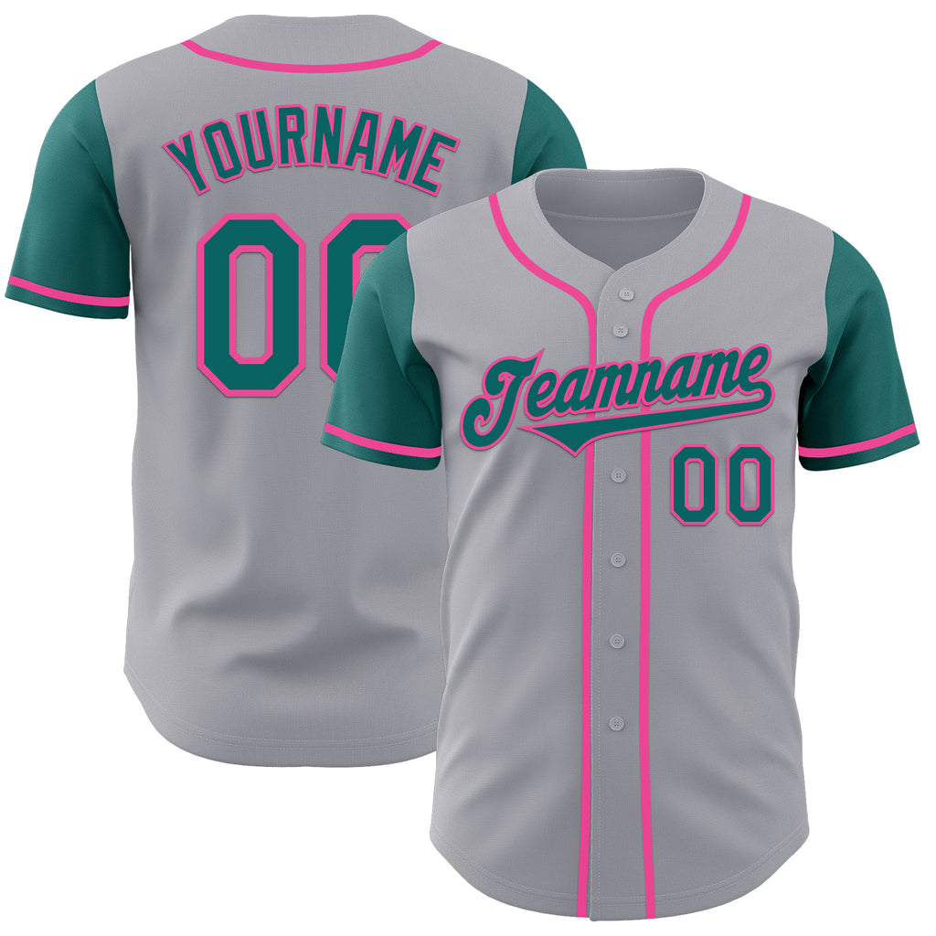 Custom Gray Teal-Pink Authentic Two Tone Baseball Jersey