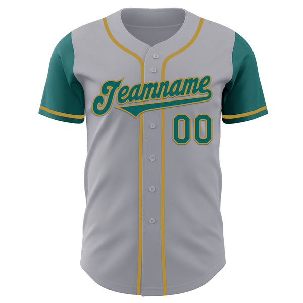 Custom Gray Teal-Old Gold Authentic Two Tone Baseball Jersey