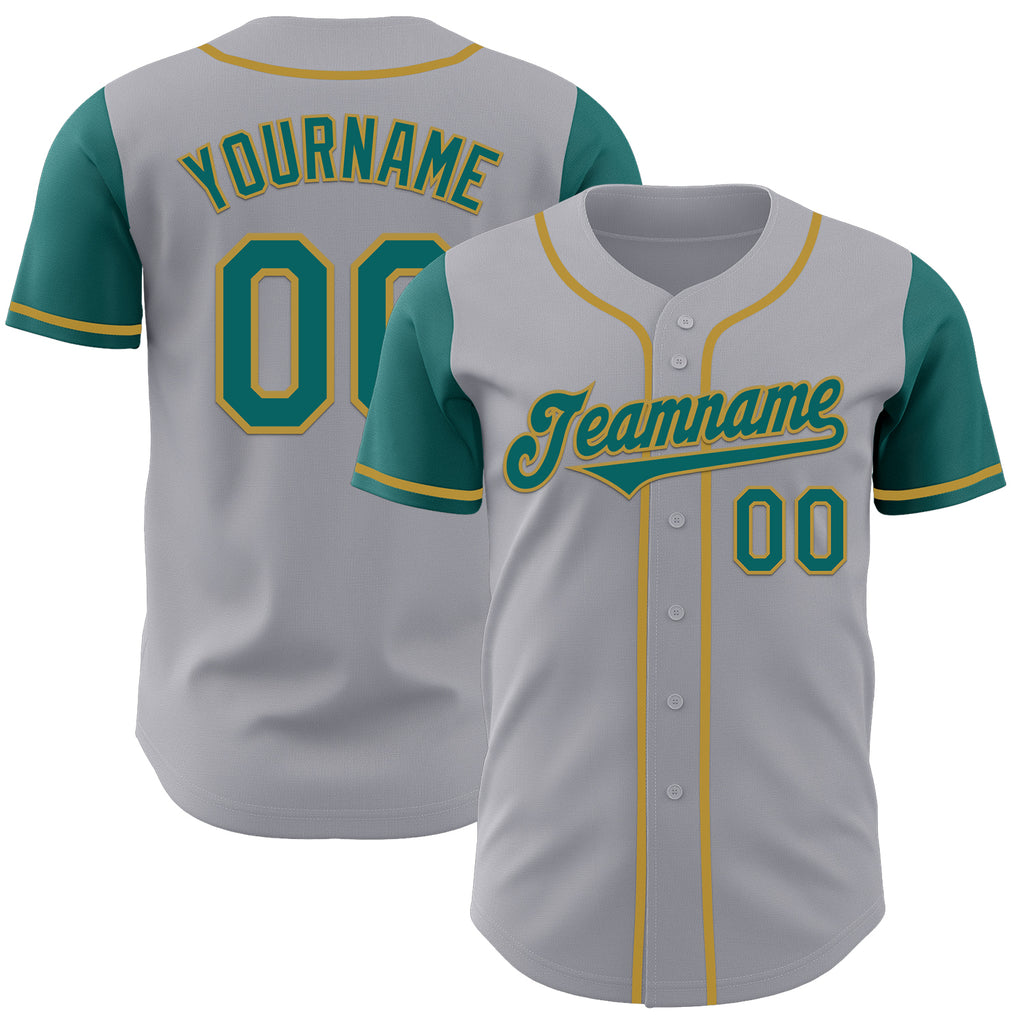 Custom Gray Teal-Old Gold Authentic Two Tone Baseball Jersey