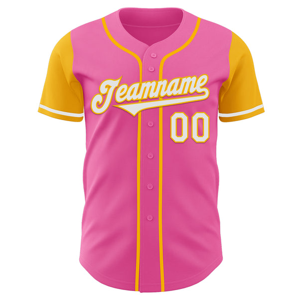 Custom Pink White-Gold Authentic Two Tone Baseball Jersey