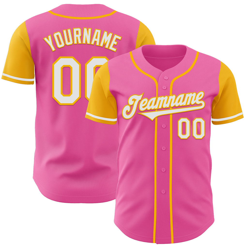 Custom Pink White-Gold Authentic Two Tone Baseball Jersey