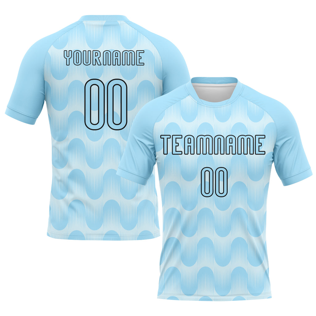 Custom Light Blue Black-White Lines And Waves Sublimation Volleyball Uniform Jersey