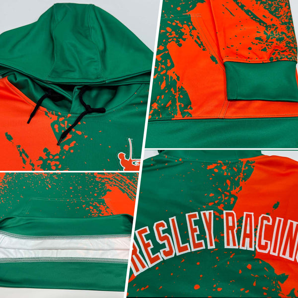 Custom Stitched Kelly Green Orange-White 3D Pattern Design Abstract Brush Stroke Sports Pullover Sweatshirt Hoodie