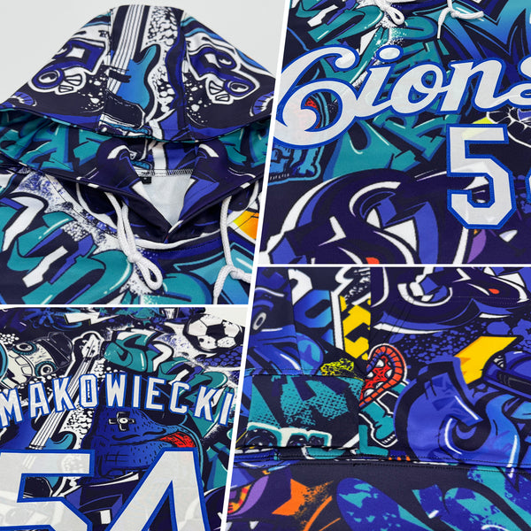 Custom Stitched Graffiti Pattern White-Royal 3D Sports Pullover Sweatshirt Hoodie