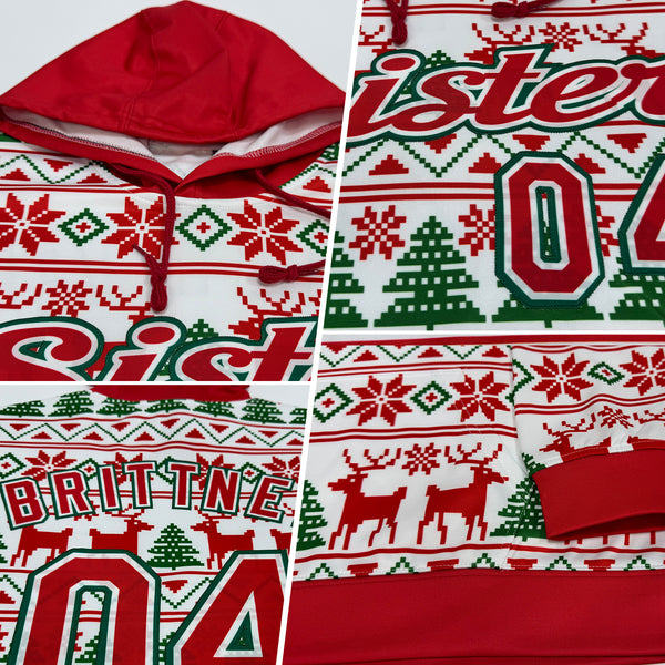 Custom Stitched White Red-Kelly Green Christmas 3D Sports Pullover Sweatshirt Hoodie