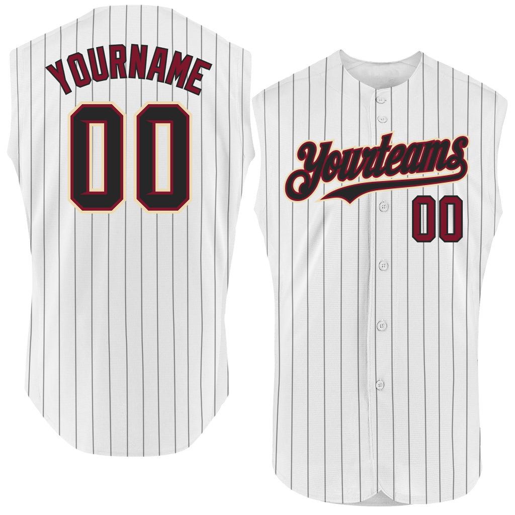 Custom White Black Pinstripe Crimson-City Cream Authentic Sleeveless Baseball Jersey