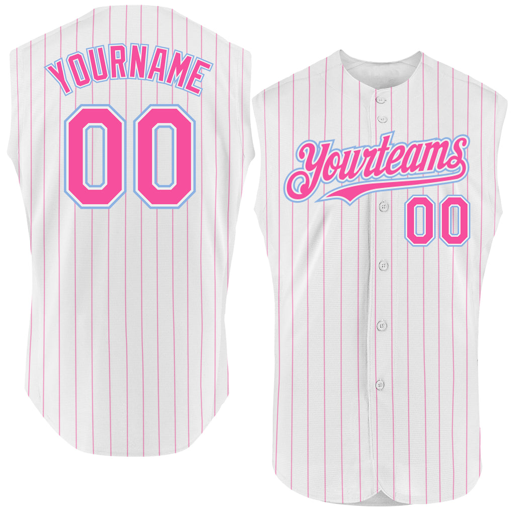 Custom White Pink Pinstripe Light Blue Authentic Sleeveless Baseball Jersey