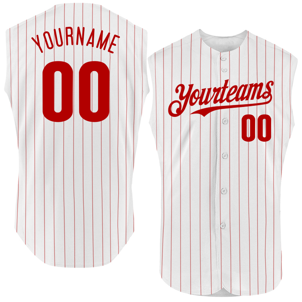 Custom White Red Pinstripe Red Authentic Sleeveless Baseball Jersey