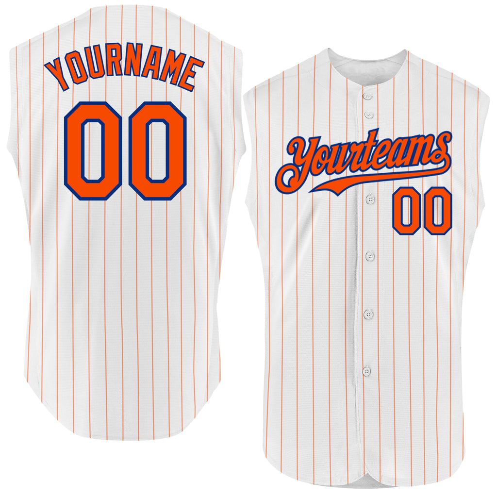 Custom White Orange Pinstripe Royal Authentic Sleeveless Baseball Jersey