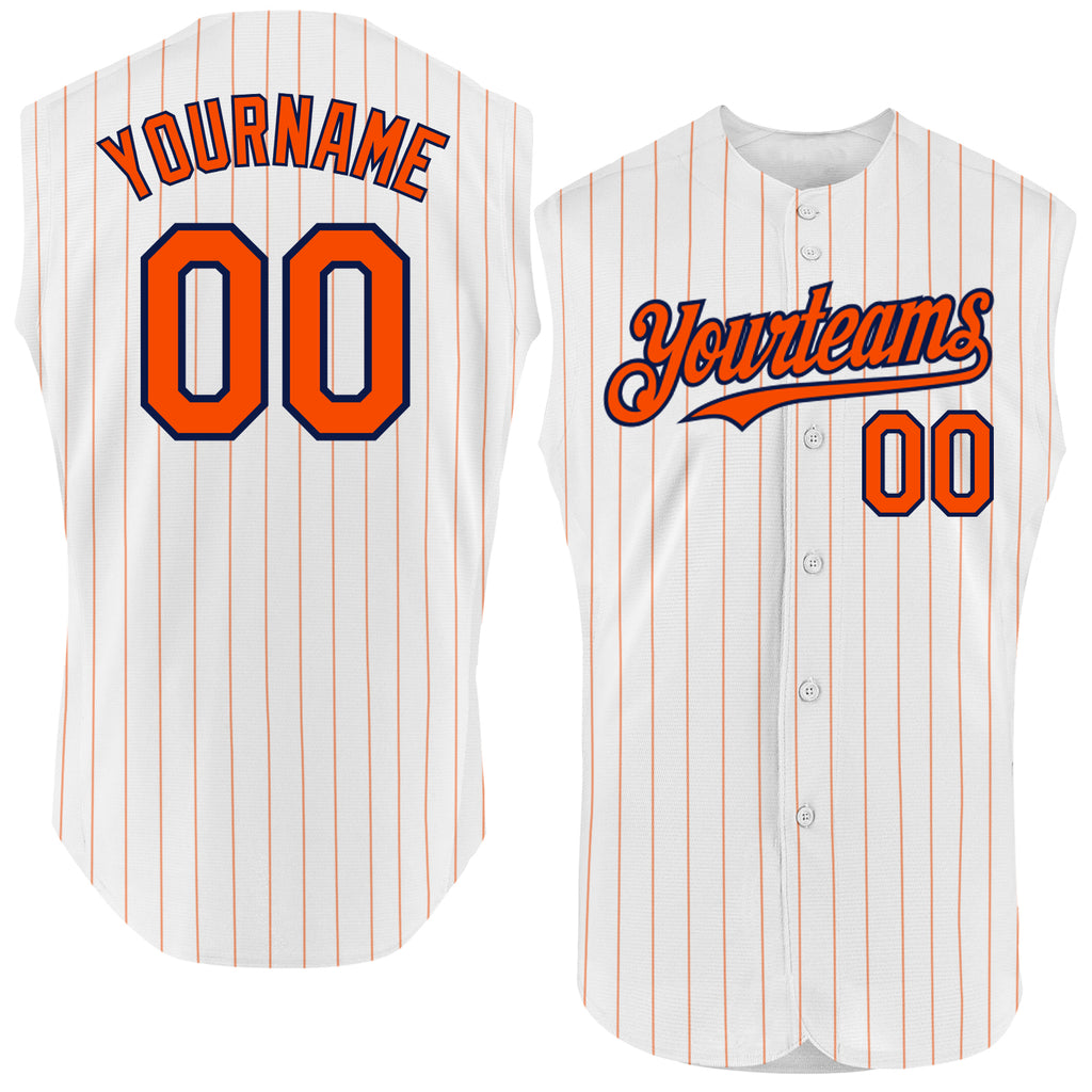 Custom White Orange Pinstripe Navy Authentic Sleeveless Baseball Jersey