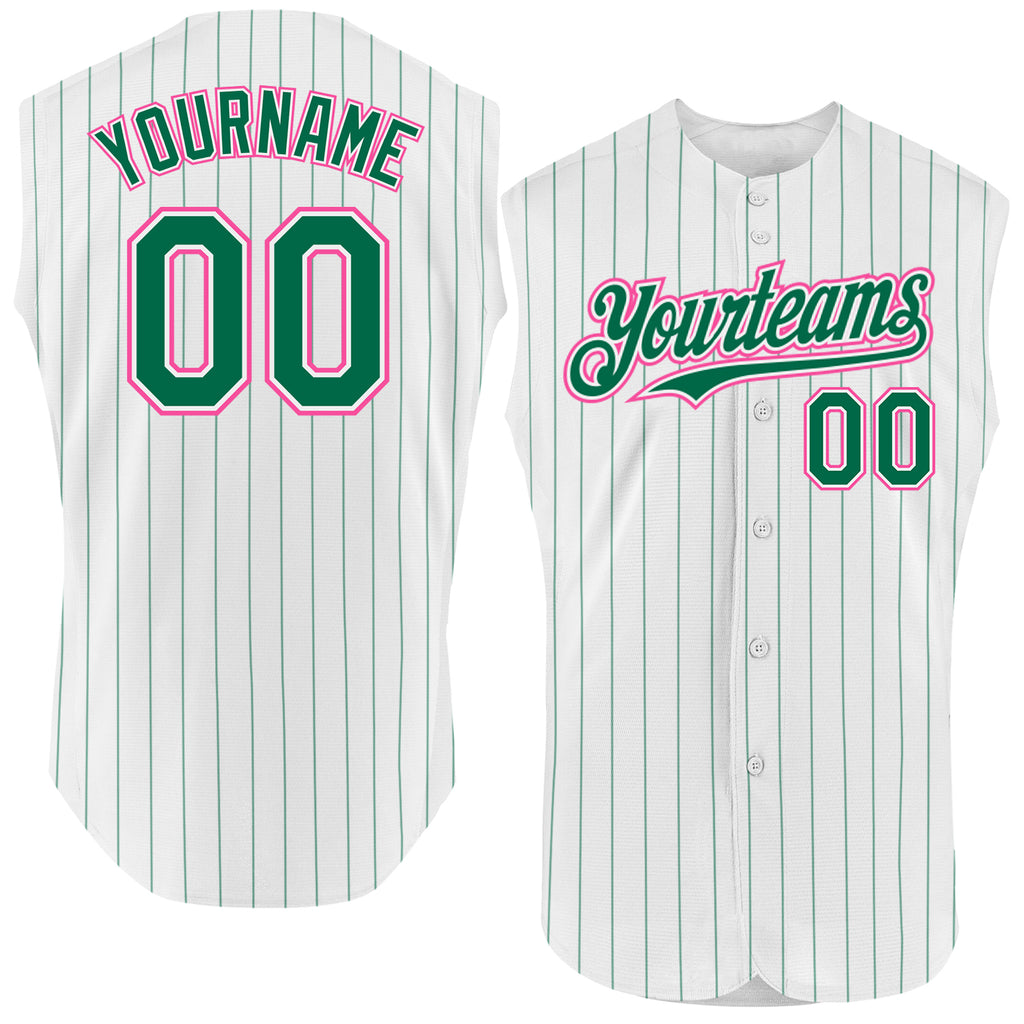 Custom White Kelly Green Pinstripe Pink Authentic Sleeveless Baseball Jersey