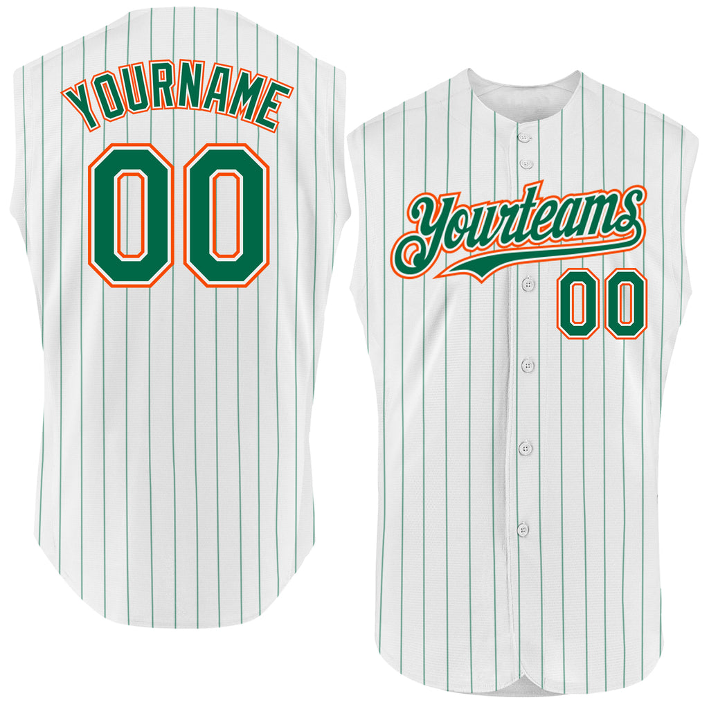 Custom White Kelly Green Pinstripe Orange Authentic Sleeveless Baseball Jersey