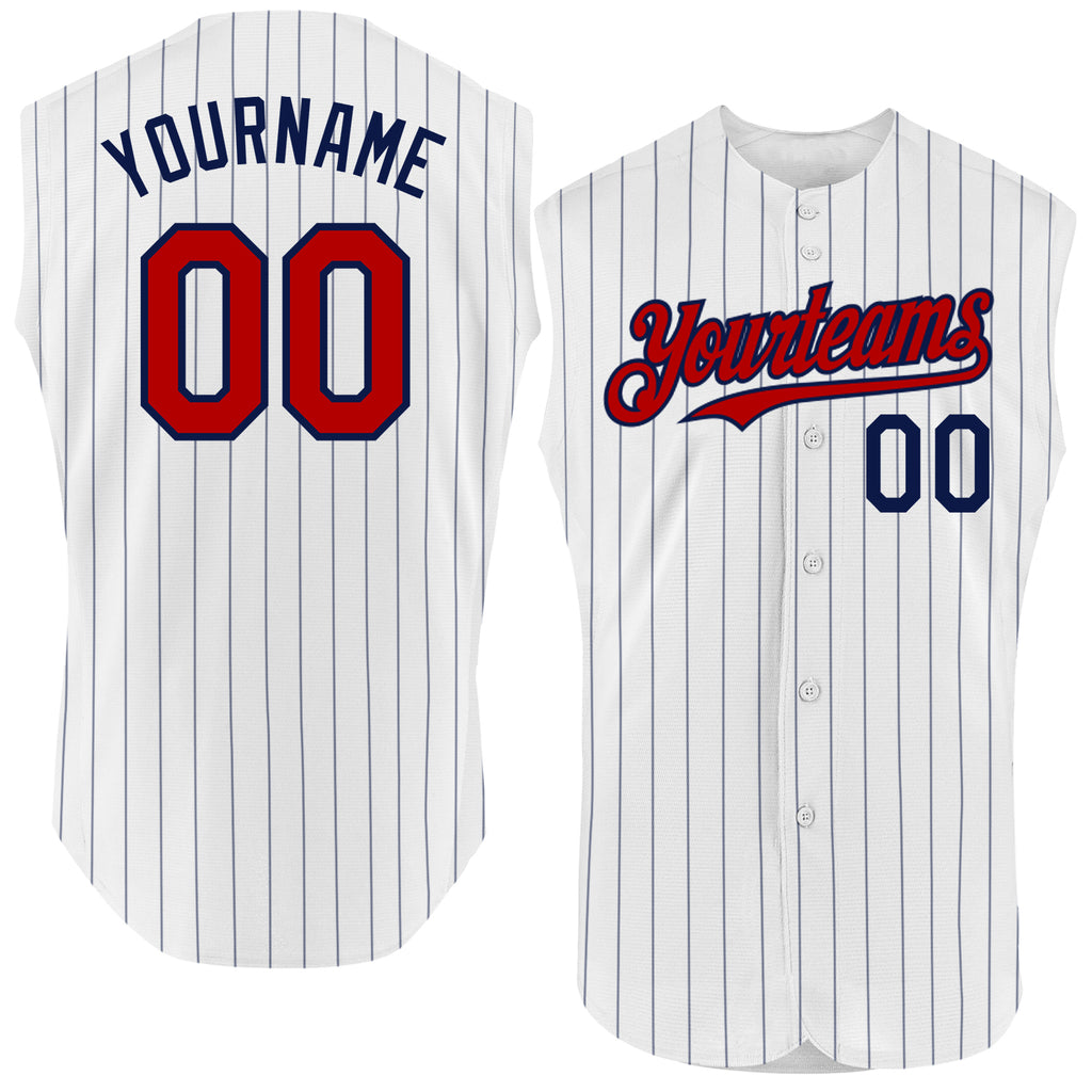 Custom White Navy Pinstripe Red Authentic Sleeveless Baseball Jersey