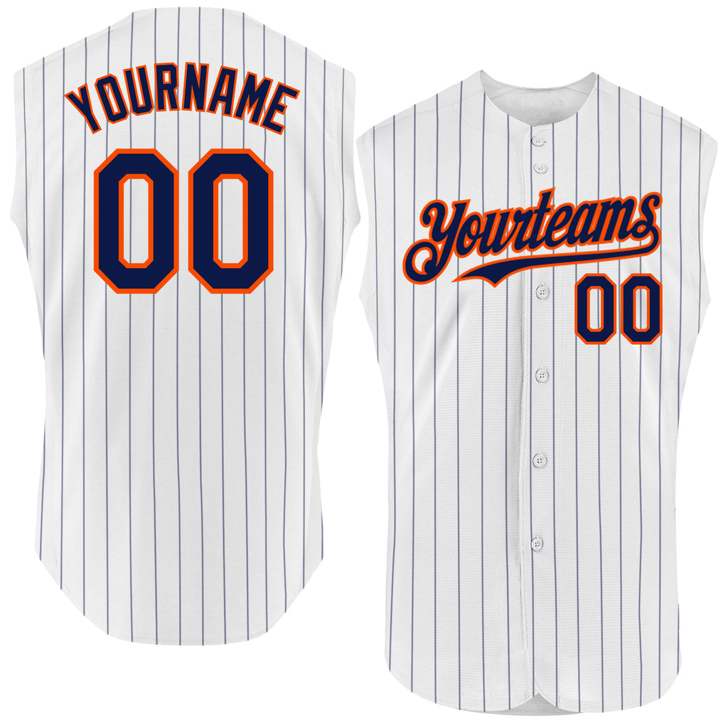 Custom White Navy Pinstripe Orange Authentic Sleeveless Baseball Jersey