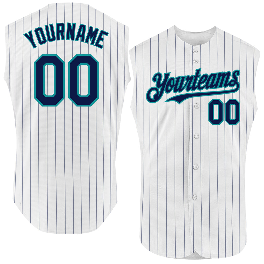 Custom White Navy Pinstripe Teal Authentic Sleeveless Baseball Jersey