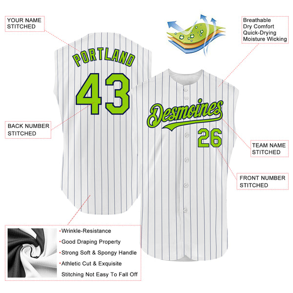 Custom White Navy Pinstripe Neon Green Authentic Sleeveless Baseball Jersey