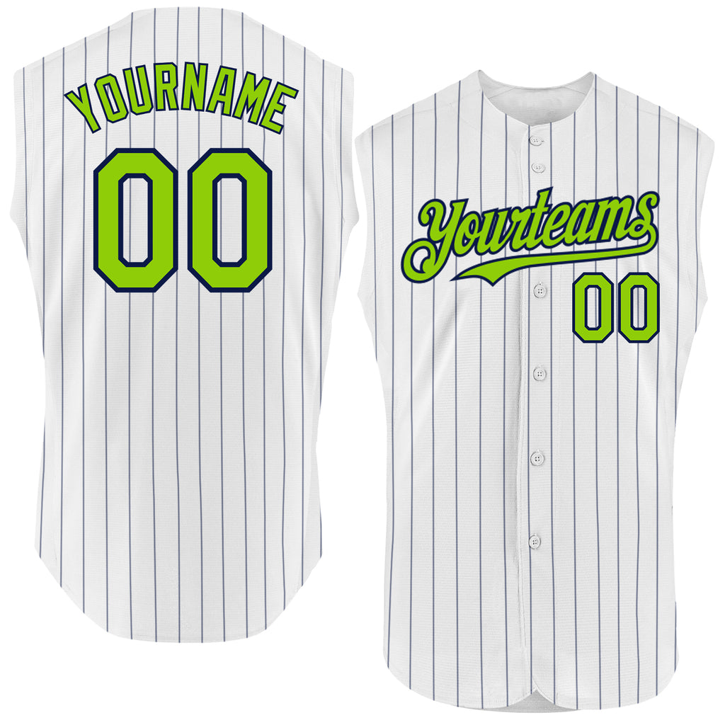 Custom White Navy Pinstripe Neon Green Authentic Sleeveless Baseball Jersey