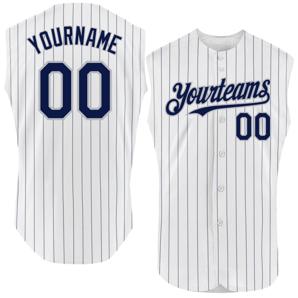 Custom White Navy Pinstripe Gray Authentic Sleeveless Baseball Jersey