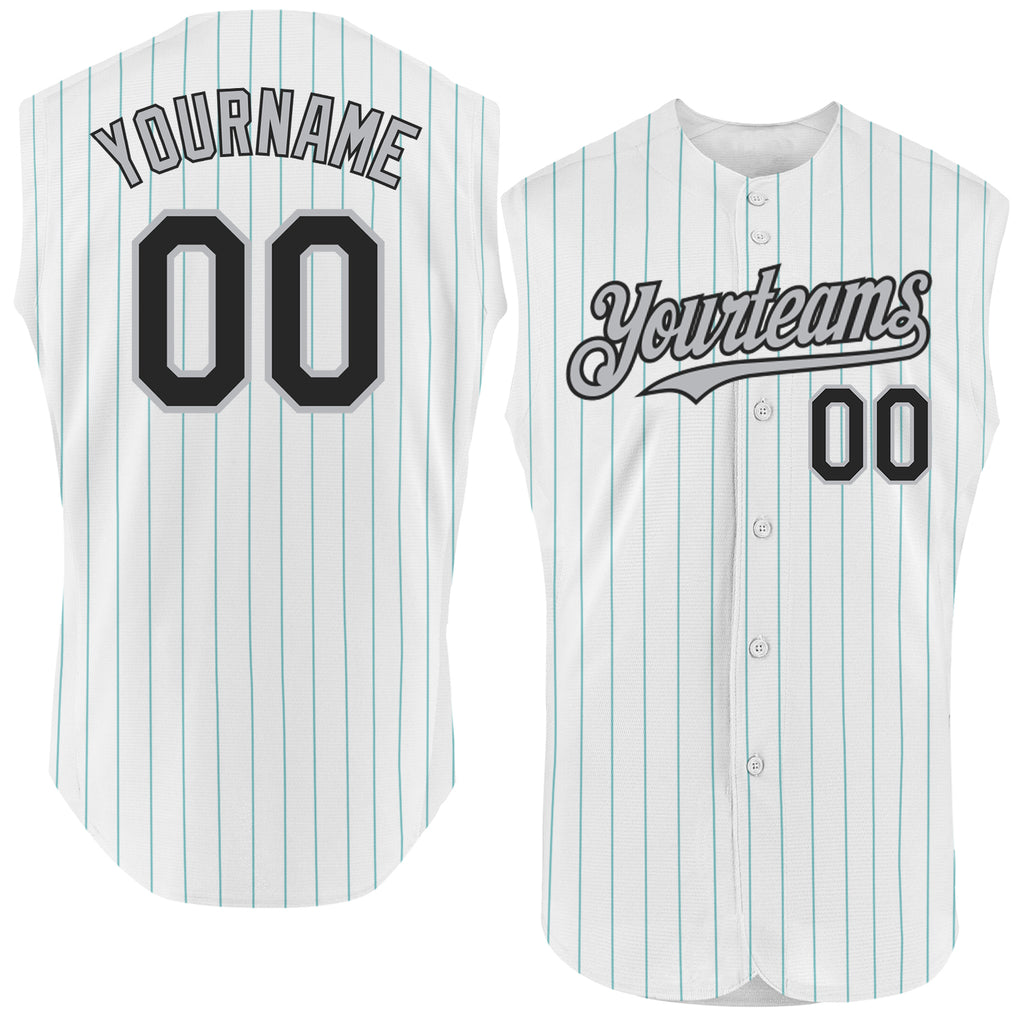 Custom White Teal Pinstripe Black-Gray Authentic Sleeveless Baseball Jersey