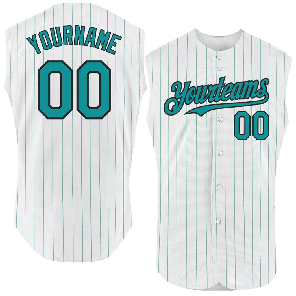 Custom White Teal Pinstripe Black Authentic Sleeveless Baseball Jersey