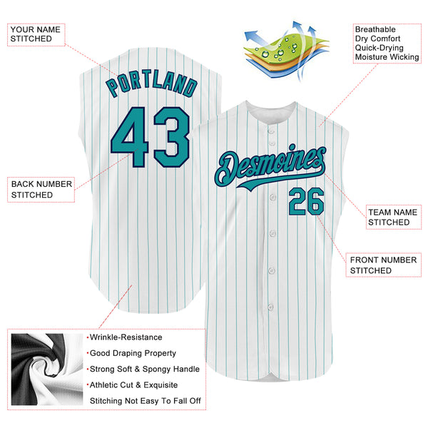 Custom White Teal Pinstripe Navy Authentic Sleeveless Baseball Jersey