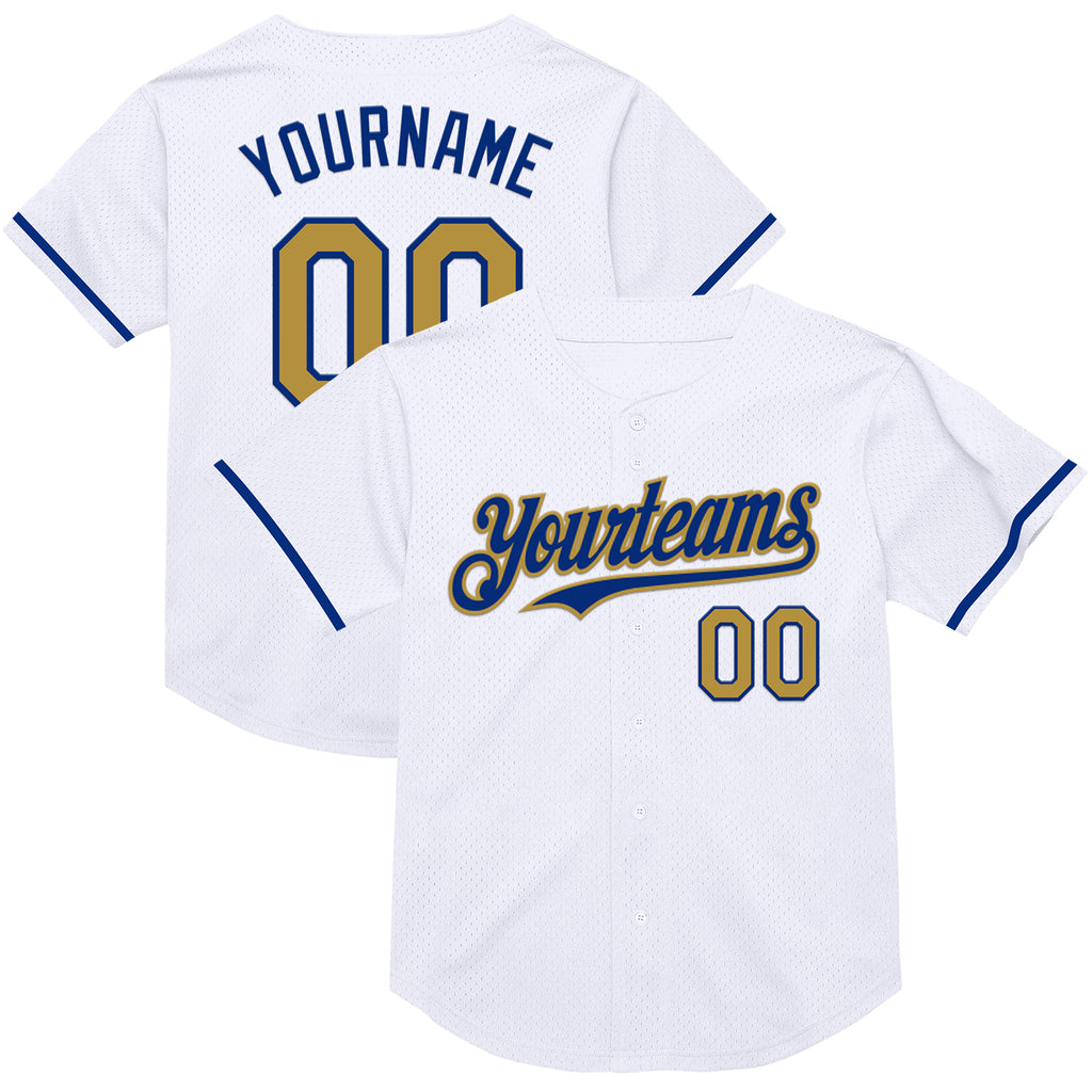 Custom White Old Gold-Royal Mesh Authentic Throwback Baseball Jersey