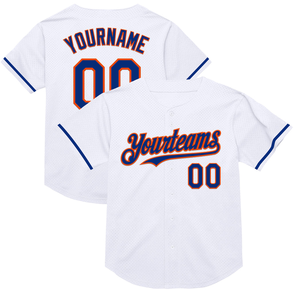 Custom White Royal-Orange Mesh Authentic Throwback Baseball Jersey