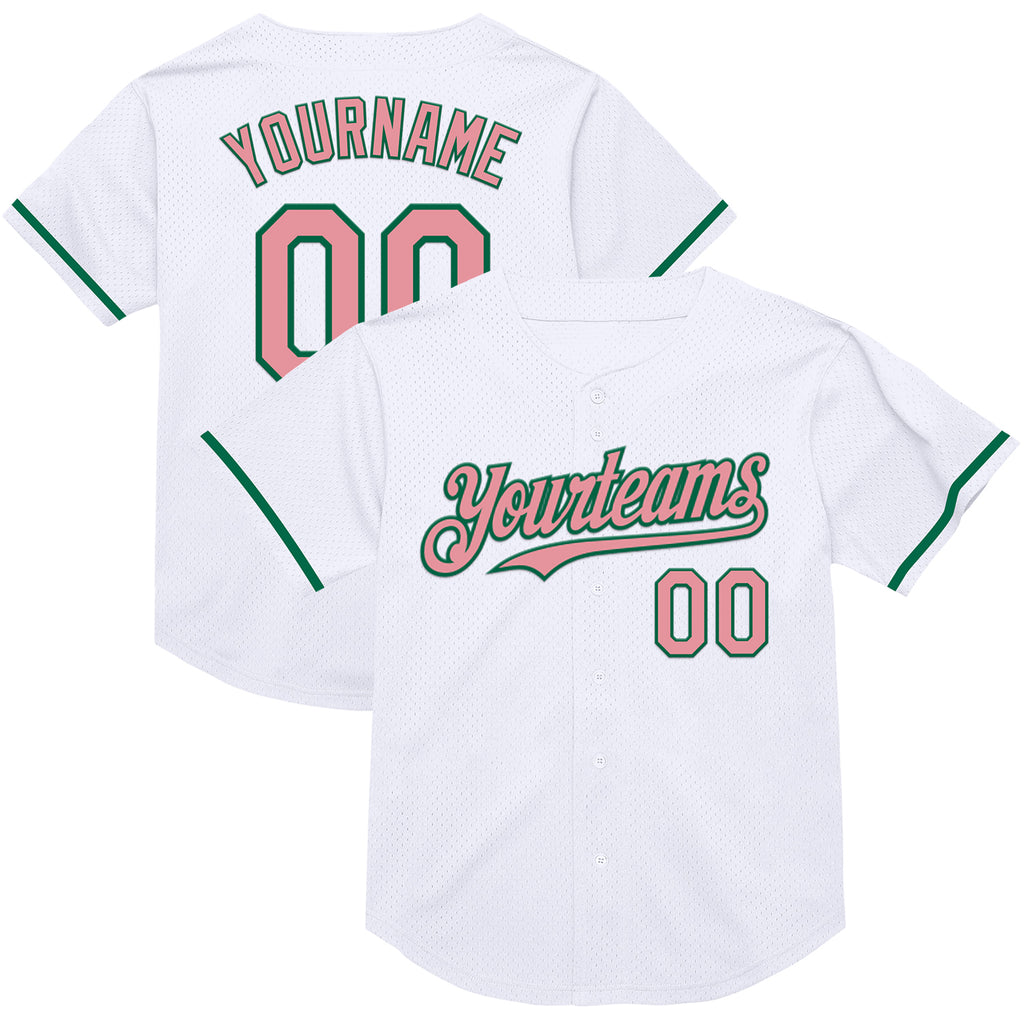 Custom White Medium Pink-Kelly Green Mesh Authentic Throwback Baseball Jersey