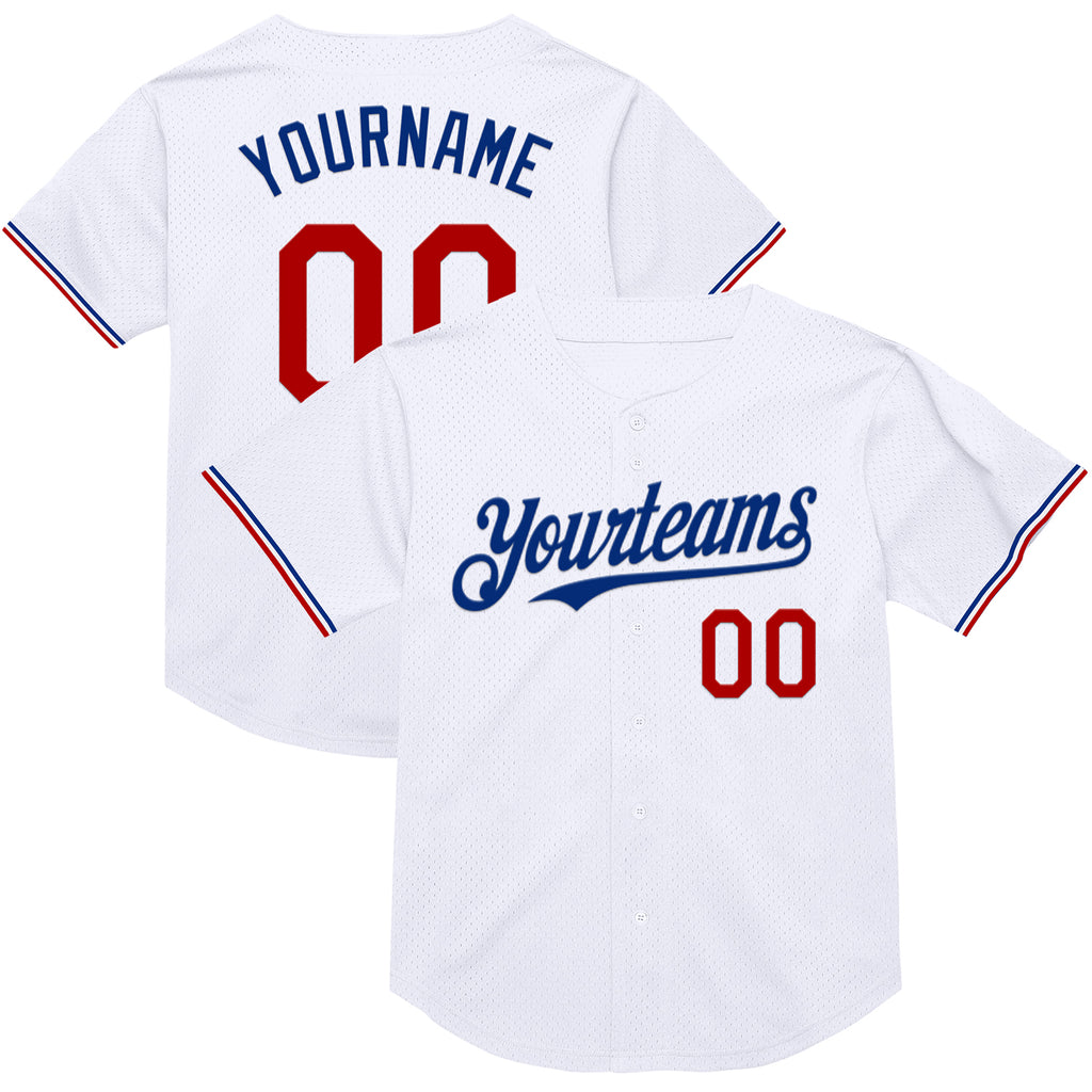 Custom White Red-Royal Mesh Authentic Throwback Baseball Jersey