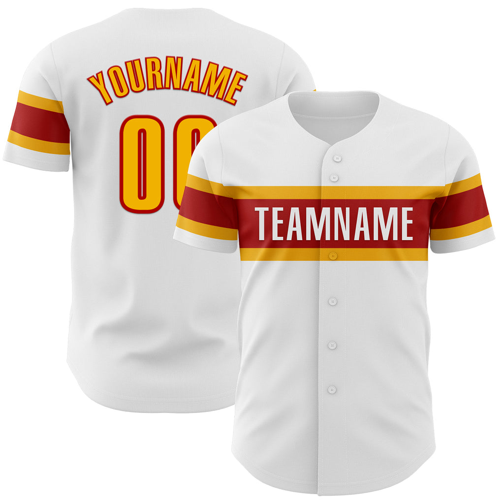 Custom White Gold-Red Authentic Baseball Jersey