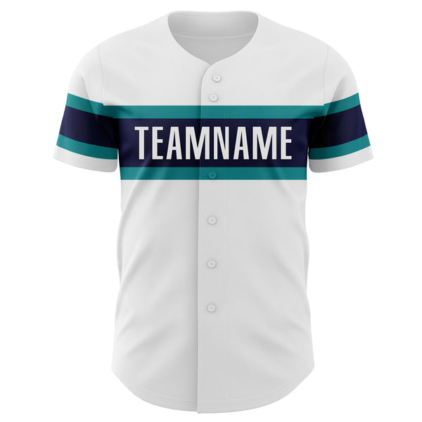 Custom White Teal-Navy Authentic Baseball Jersey