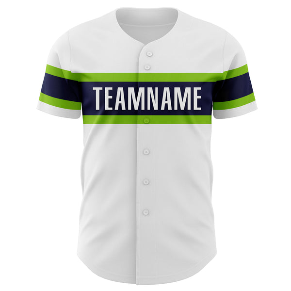 Custom White Neon Green-Navy Authentic Baseball Jersey