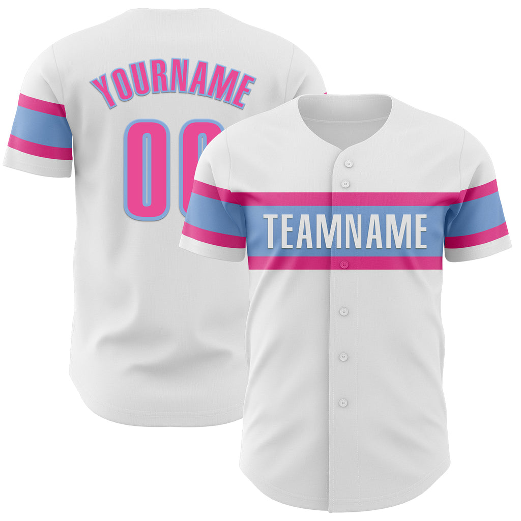 Custom White Pink-Light Blue Authentic Baseball Jersey