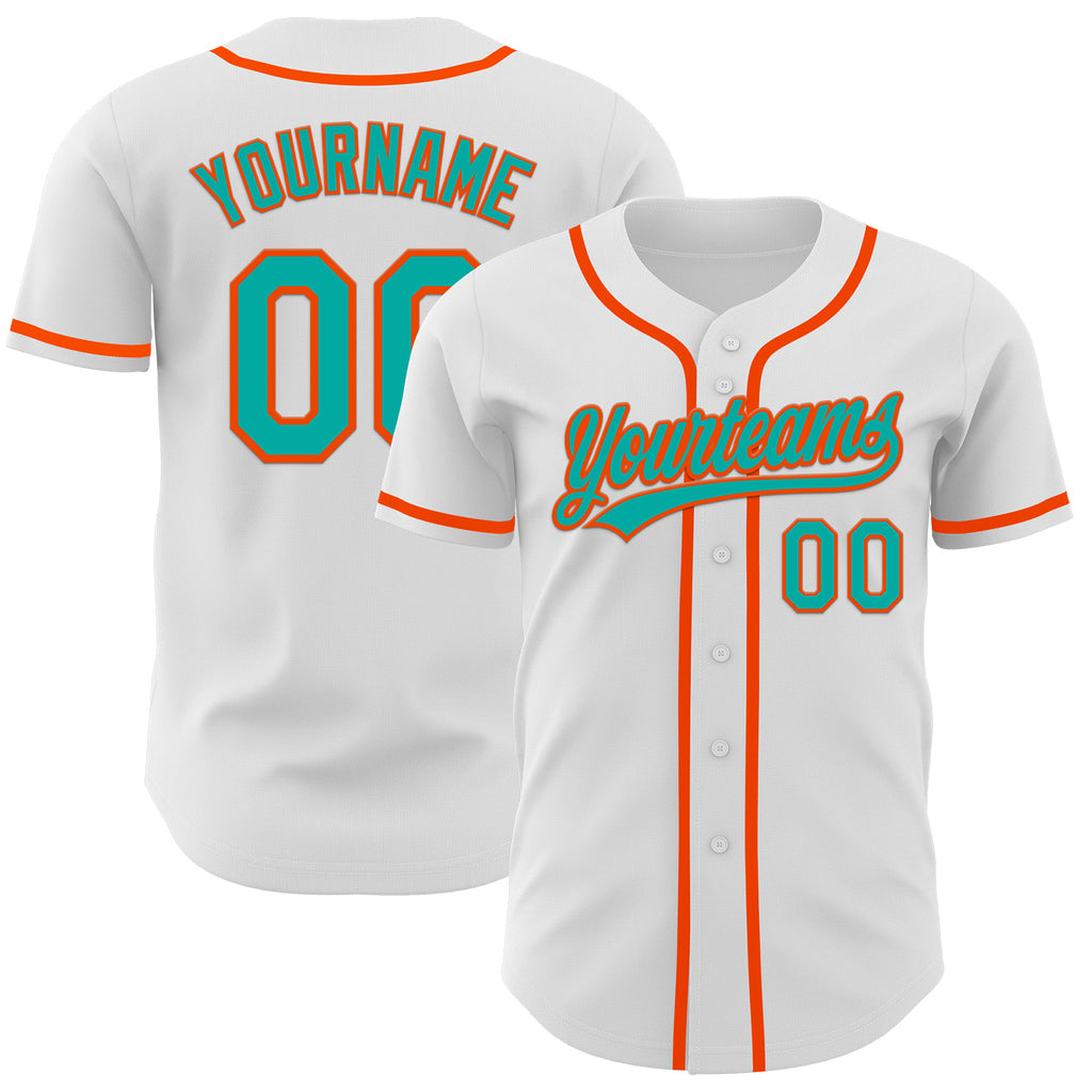 Custom White Aqua-Orange Authentic Baseball Jersey