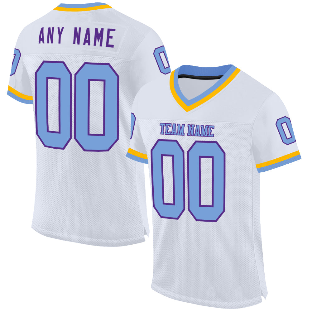 Custom White Light Blue Purple-Gold Mesh Authentic Throwback Football Jersey