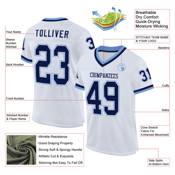 Custom White Navy-Light Blue Mesh Authentic Throwback Football Jersey