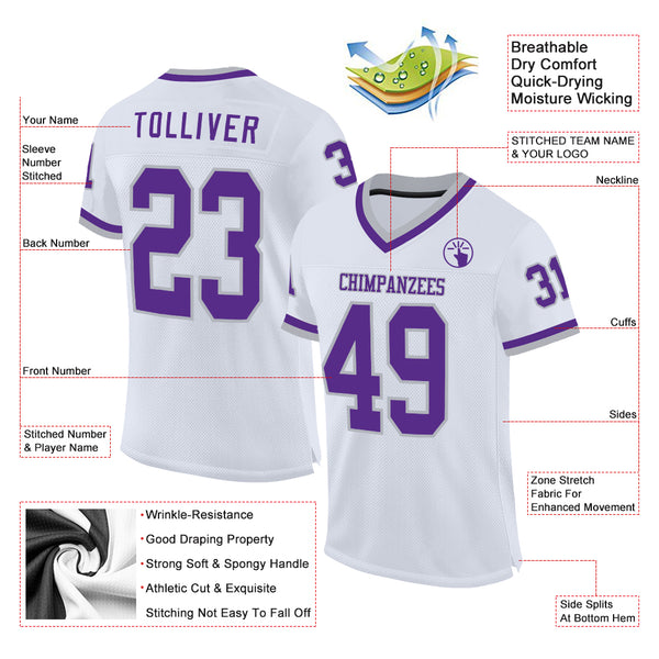 Custom White Purple-Gray Mesh Authentic Throwback Football Jersey