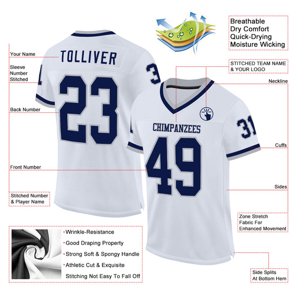 Custom White Navy-Gray Mesh Authentic Throwback Football Jersey