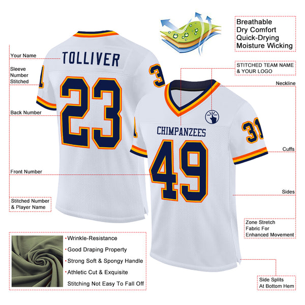 Custom White Navy Gold-Orange Mesh Authentic Throwback Football Jersey