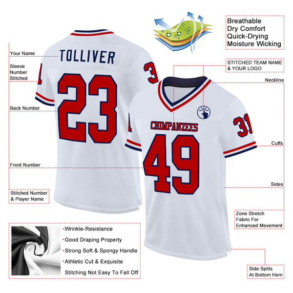 Custom White Red-Navy Mesh Authentic Throwback Football Jersey