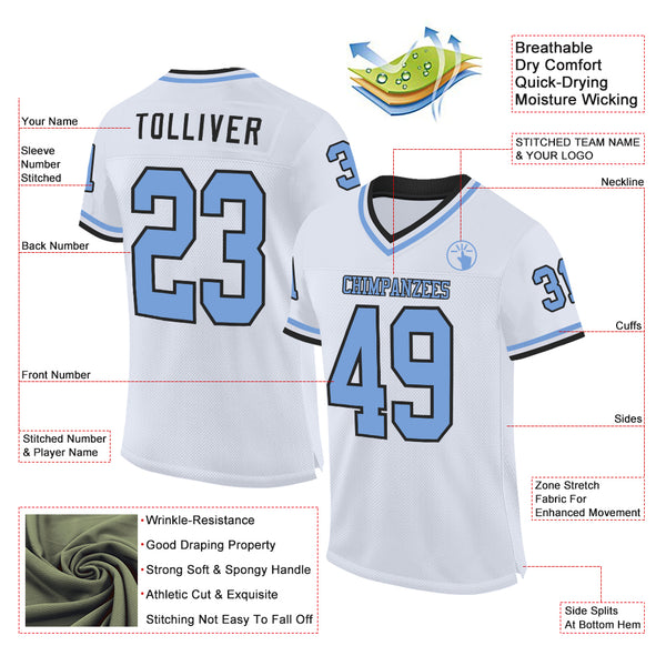 Custom White Light Blue-Black Mesh Authentic Throwback Football Jersey