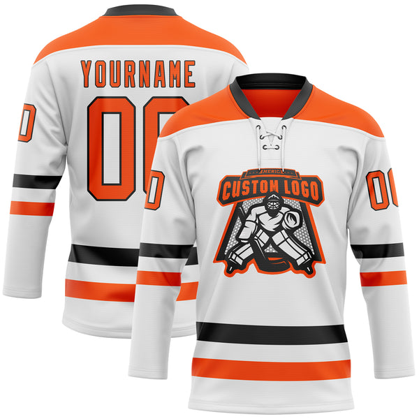 Custom White Orange-Black Hockey Lace Neck Jersey