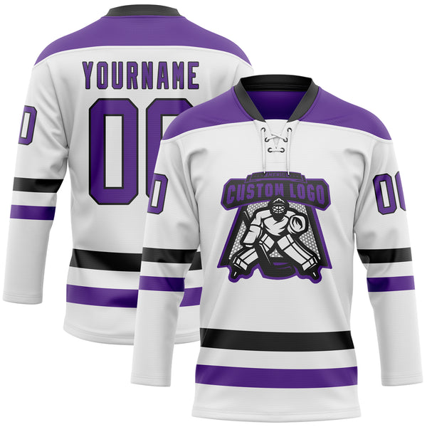 Custom White Purple-Black Hockey Lace Neck Jersey