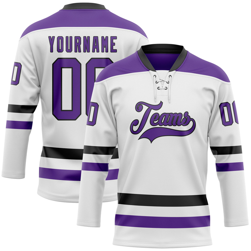 Custom White Purple-Black Hockey Lace Neck Jersey