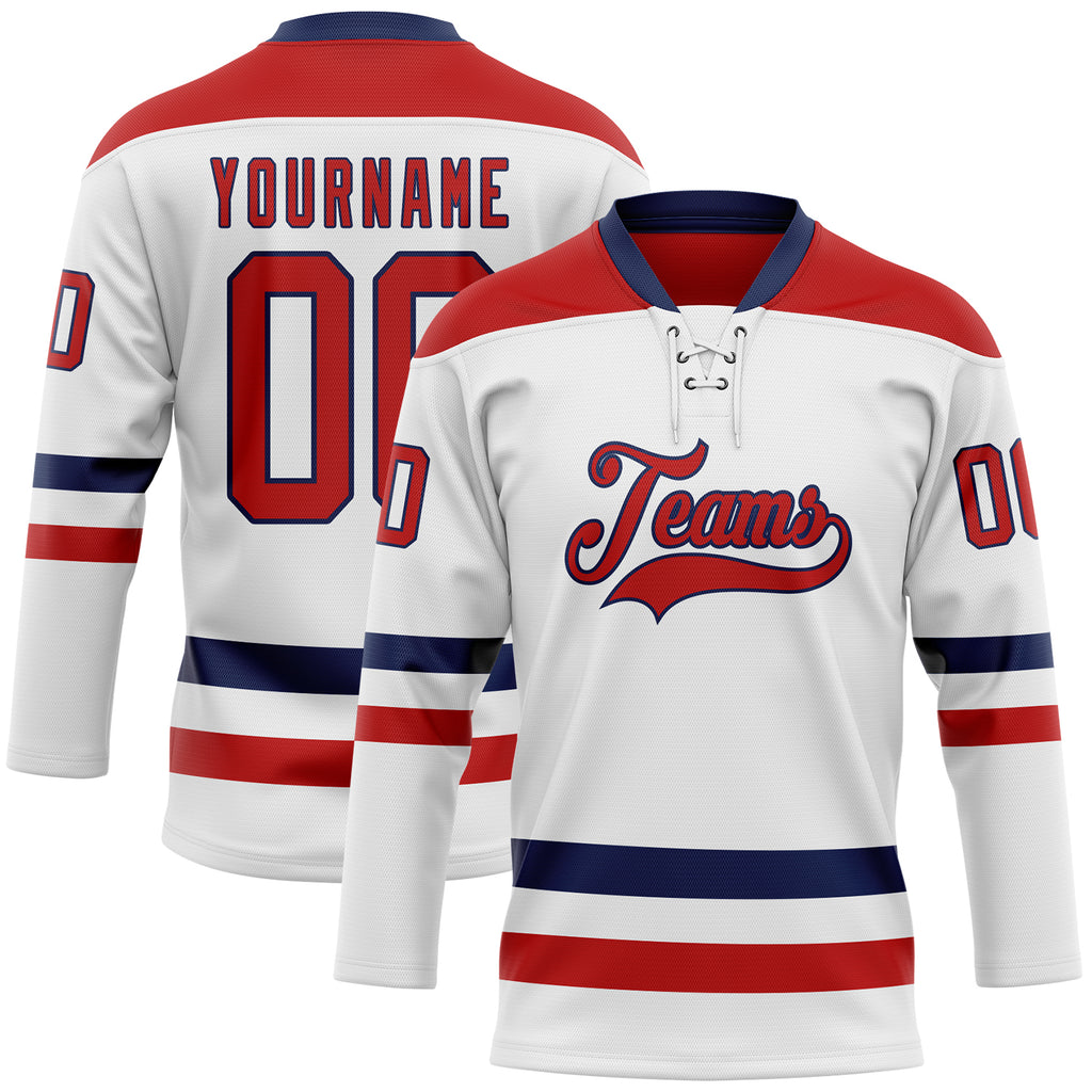 Custom White Red-Navy Hockey Lace Neck Jersey