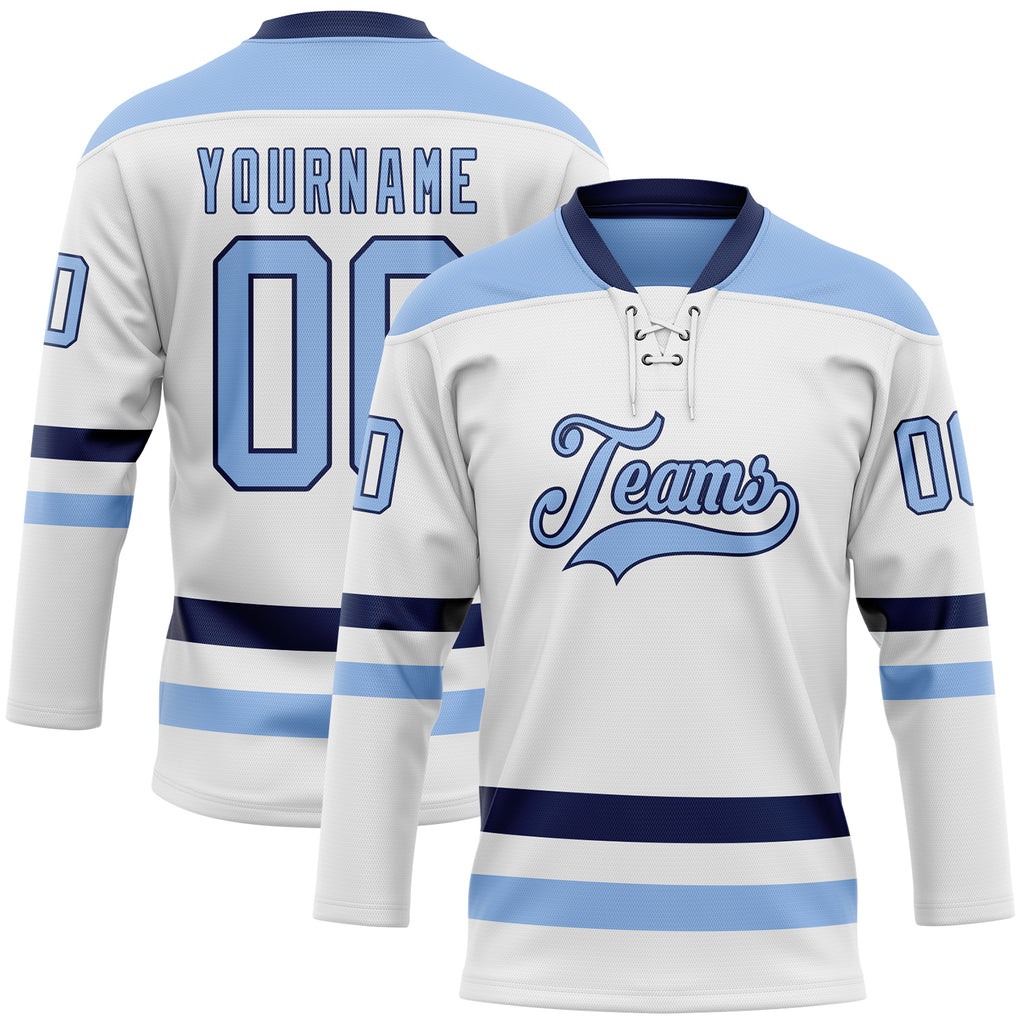 Custom White Light Blue-Navy Hockey Lace Neck Jersey