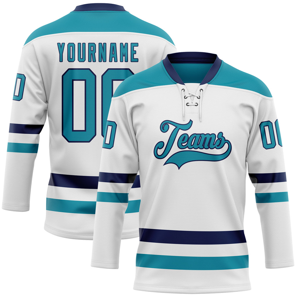 Custom White Teal-Navy Hockey Lace Neck Jersey